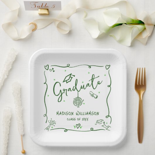 Green Hand Drawn Doodles White Graduation Quirky Pappteller (Hochzeit)