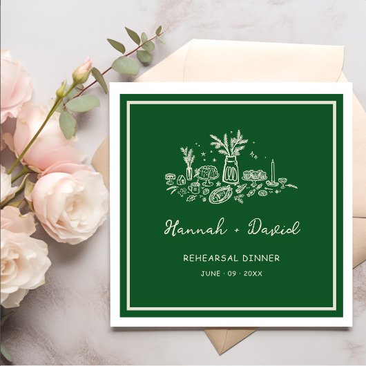  Green Hand Drawn Modern Rehearsal Dinner Wedding Serviette