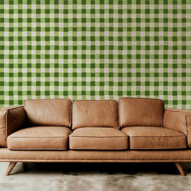 Green Hand Gezeichnet Schachtel Kariert Tapete (Playful green on green hand-drawn checkered plaid modern peel and stick wallpaper.)
