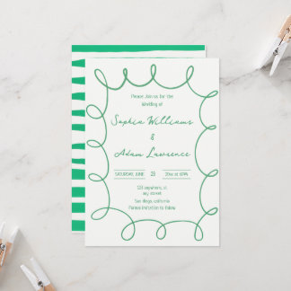 Green Hand Written Pinstripe Whimsical Wedding Einladung