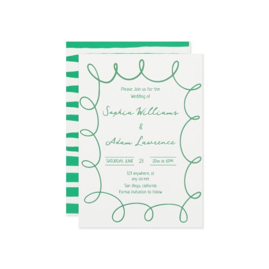 Green Hand Written Pinstripe Whimsical Wedding Einladung (Vorderseite/Rückseite Beispiel)