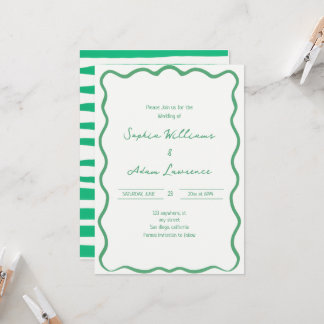 Green Hand Written Pinstripes Whimsical Wedding Einladung