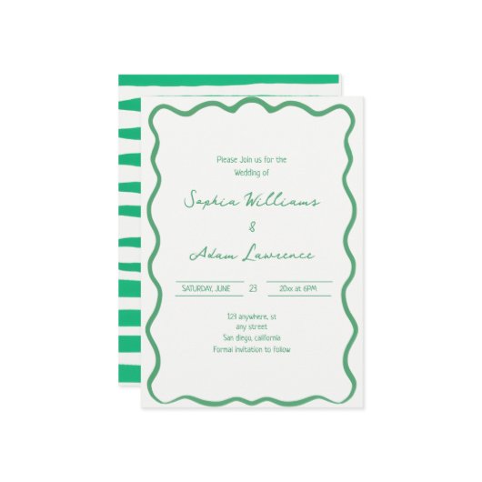 Green Hand Written Pinstripes Whimsical Wedding Einladung (Vorderseite/Rückseite Beispiel)