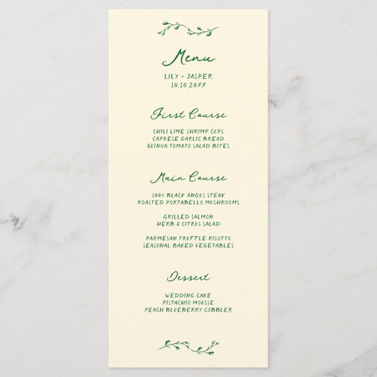 Green Handwritten Wedding Menu Menükarte (Vorderseite)