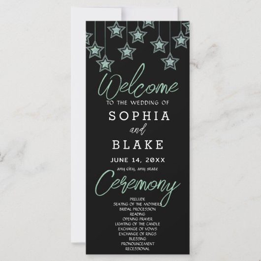 Green Hanging Stars Black Wedding Program (Vorderseite)