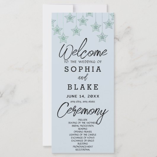 Green Hanging Stars Light Blue Wedding Program (Vorderseite)