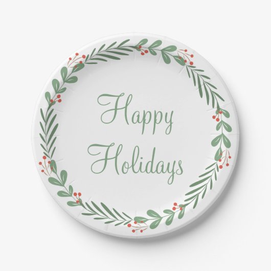 Green Happy Holidays Script Wreath Berry Blätter Pappteller (Vorderseite)