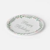 Green Happy Holidays Script Wreath Berry Blätter Pappteller (Schrägansicht)