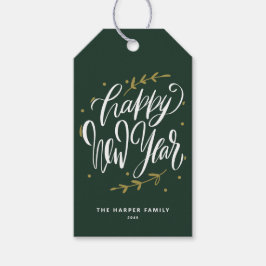 Green Happy New Year Modern Calligraphy Wreath Geschenkanhänger