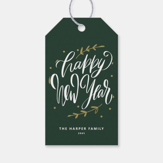 Green Happy New Year Modern Calligraphy Wreath Geschenkanhänger (Vorderseite)