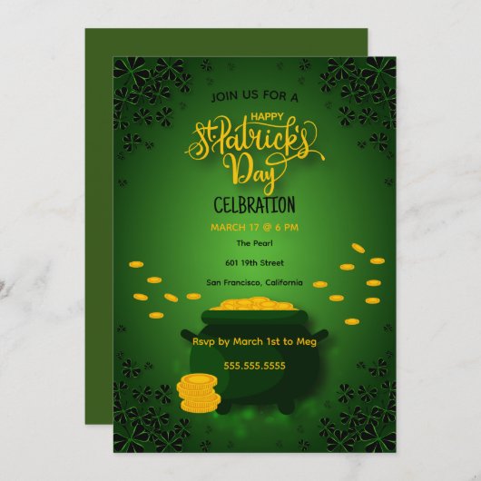 Green Happy St Patrick's Celebration Gold Pot Einladung (Vorne/Hinten)