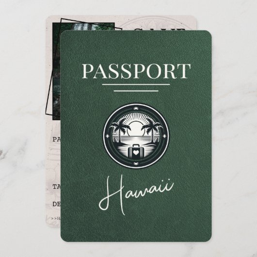 Green Hawaii Passport Save the Date (Vorne/Hinten)