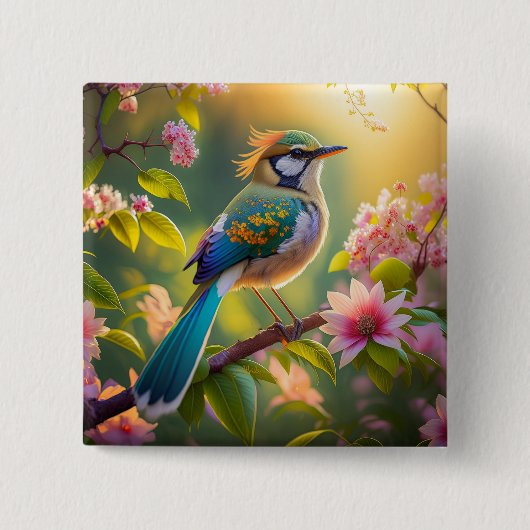 Green Headed Aquamarin Winged Fantasy Bird Button (Vorderseite)