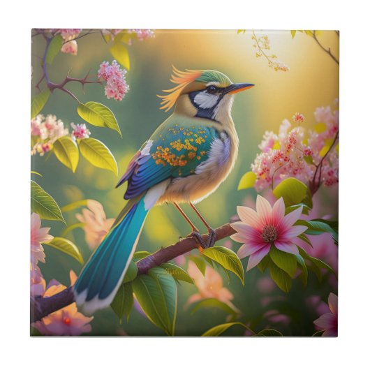 Green Headed Aquamarin Winged Fantasy Bird Fliese (Vorderseite)