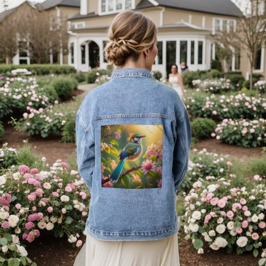 Green Headed Aquamarin Winged Fantasy Bird Jeansjacke (Hochzeit Rückseite)