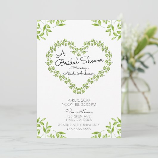 Green Heart Blätter Shabby Chic Brautparty Einladung (Stehend Vorderseite)