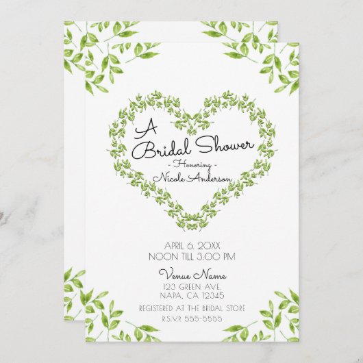 Green Heart Blätter Shabby Chic Brautparty Einladung (Vorne/Hinten)