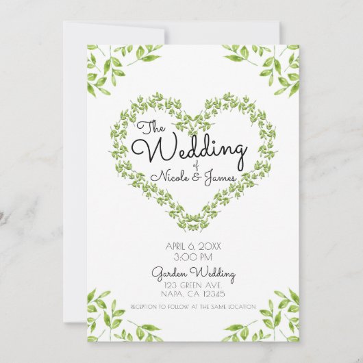 Green Heart Blätter Shabby Chic Greenerity Wedding Einladung (Vorderseite)