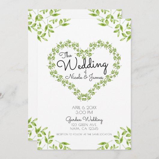 Green Heart Blätter Shabby Chic Greenerity Wedding Einladung (Vorne/Hinten)