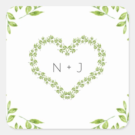 Green Heart Blätter Shabby Chic Greenerity Wedding Quadratischer Aufkleber (Vorderseite)