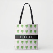 Green Heart Form Leaf Muster auf Beige Totbeutel Tasche (Vorderseite)