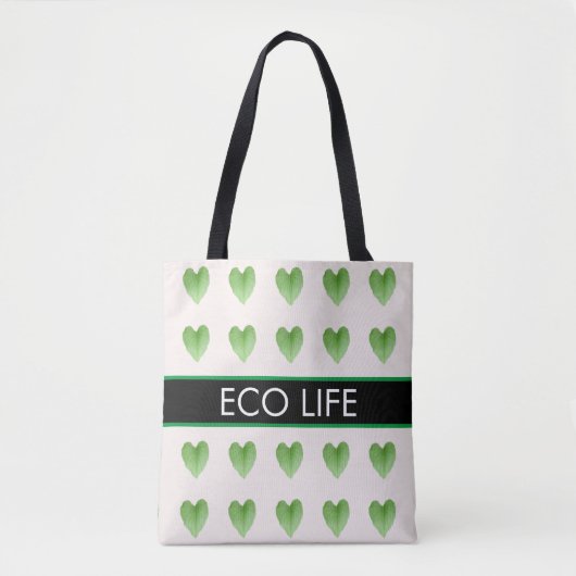 Green Heart Form Leaf Muster auf Beige Totbeutel Tasche (Vorderseite)