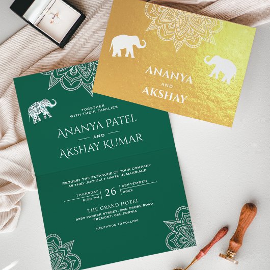 Green Henna Elephant Indian Wedding Gold Folienkarte