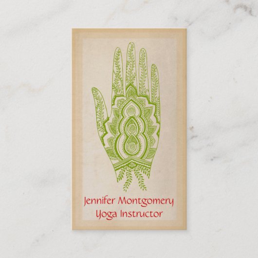 Green Henna Hand Yoga Instructor Business Card Visitenkarte (Vorderseite)