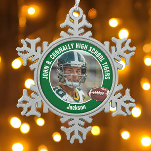 Green High School Football Foto Custom Schneeflocken Zinn-Ornament