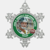 Green High School Football Foto Custom Schneeflocken Zinn-Ornament (Vorderseite)