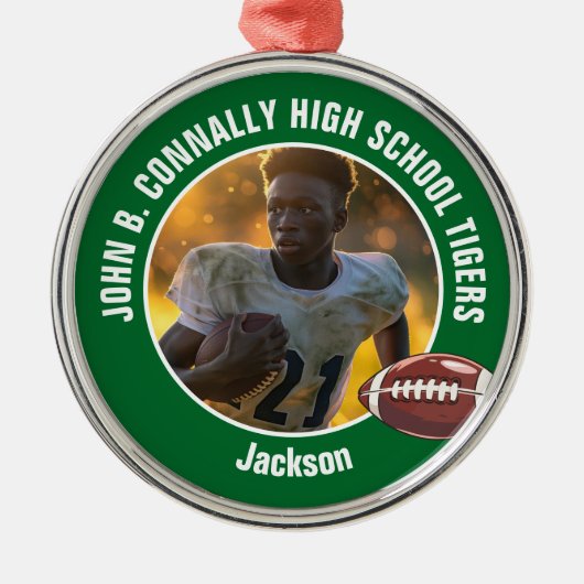 Green High School Football Player Foto Weihnachten Ornament Aus Metall (Vorne)