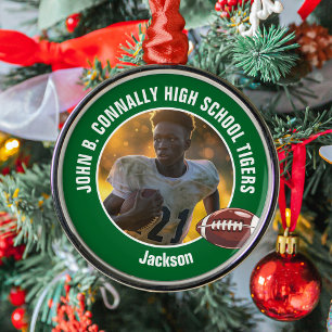 Green High School Football Player Foto Weihnachten Ornament Aus Metall
