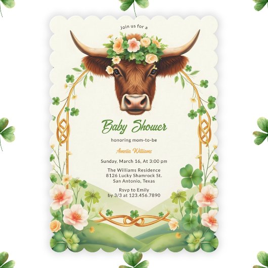 Green Highland Cow St Patricks Day Baby Dusche Einladung