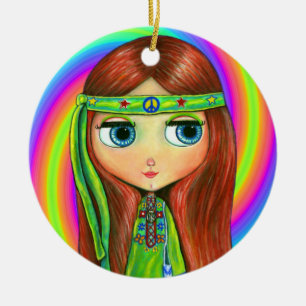Green Hippie Doll Girl Peace Sign Headband Niedlic Keramik Ornament