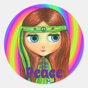 Green Hippie Doll Girl Peace Sign Headband Niedlic Runder Aufkleber