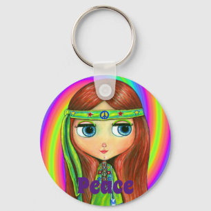 Green Hippie Doll Girl Peace Sign Headband Niedlic Schlüsselanhänger