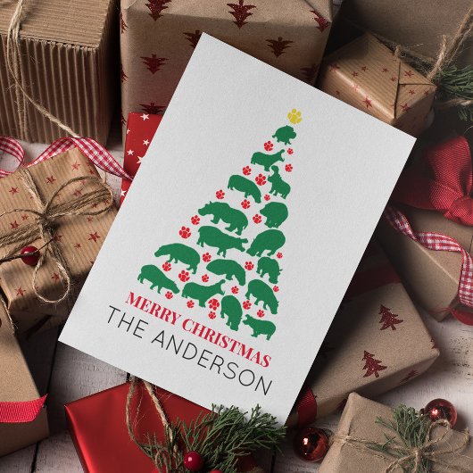 Green Hippo Christmas Tree Red Paw Karte
