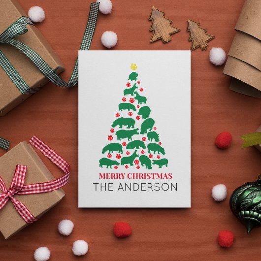 Green Hippo Christmas Tree Red Paw Postkarte