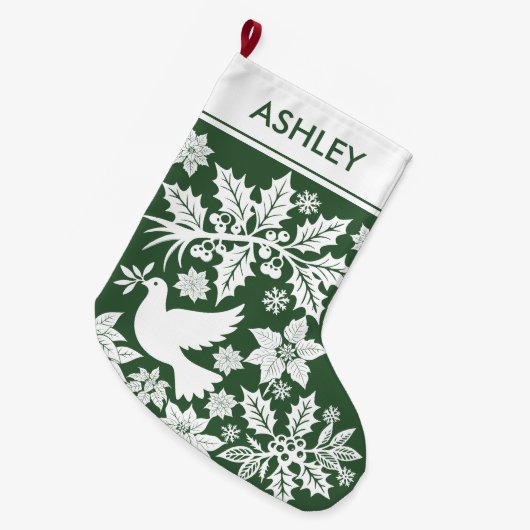 Green Holiday Toile Dove Holly and Poinsettia Großer Weihnachtsstrumpf (Vorderansicht (hängend))