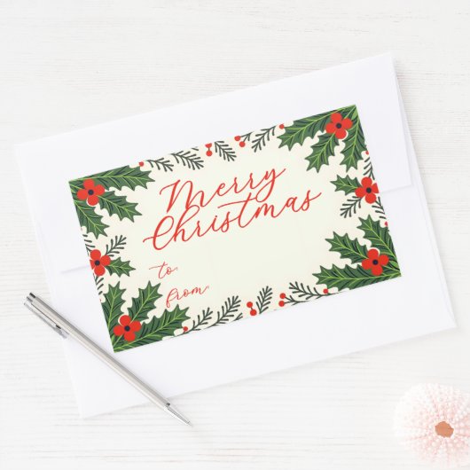 Green Holly Blätter und Red Berry Frohe Weihnachte Rechteckiger Aufkleber (Umschlag)