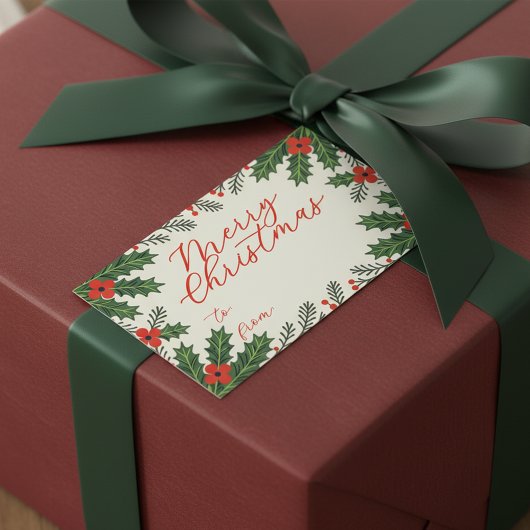 Green Holly Blätter und Red Berry Frohe Weihnachte Rechteckiger Aufkleber