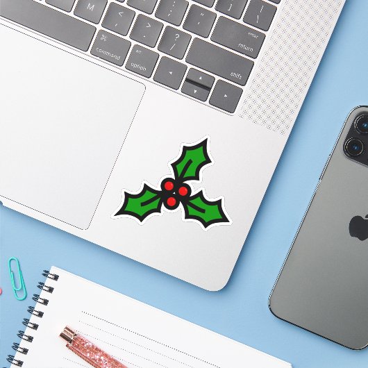 Green Holly mit Red Berries Christmas Graphic Aufkleber (Laptop mit iPhone)
