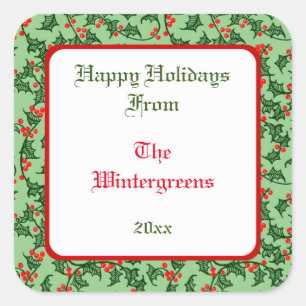 Green Holly mit Red Berries Editable Gift Taq Quadratischer Aufkleber