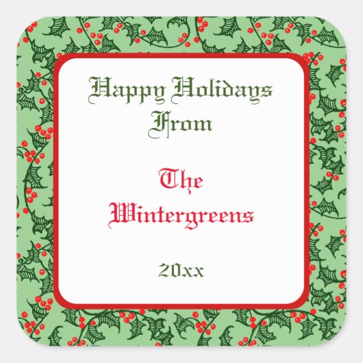 Green Holly mit Red Berries Editable Gift Taq Quadratischer Aufkleber (Vorderseite)