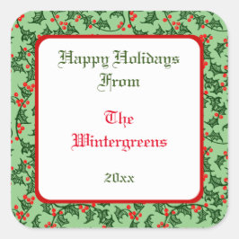 Green Holly mit Red Berries Editable Gift Taq Quadratischer Aufkleber