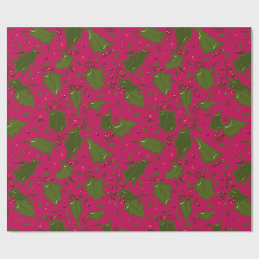Green Holly on Bright Pink Christmas Geschenkpapier (Flach)