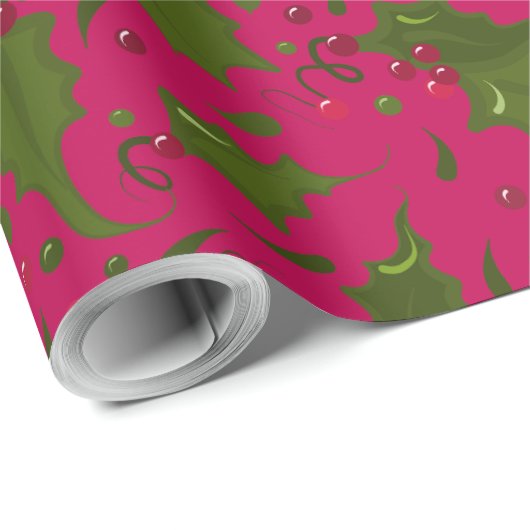 Green Holly on Bright Pink Christmas Geschenkpapier (Rolleneckpunkt)