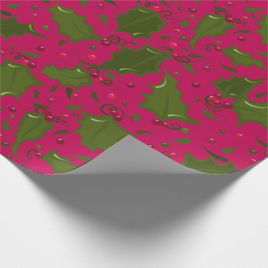 Green Holly on Bright Pink Christmas Geschenkpapier (Ecke)