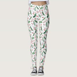 Green Holly Red Berries Holiday Pattern Leggings