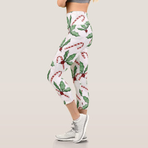 Green Holly Verlasse Red Berries Candy Cane Paint Capri Leggings